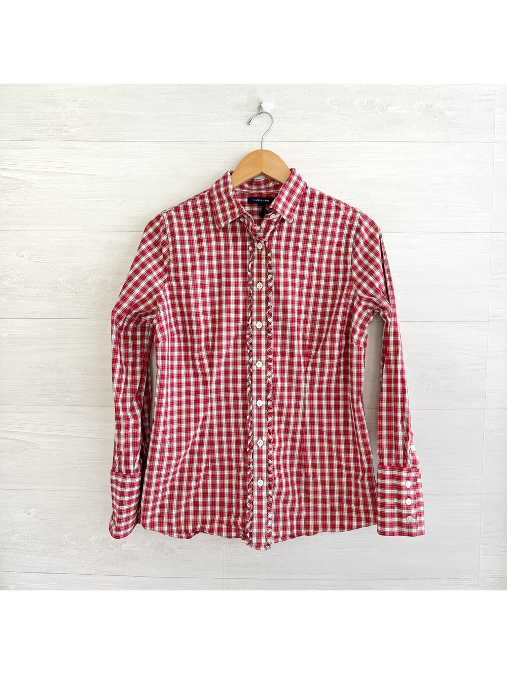 Lands’ End Womens 12 Red Plaid Ruffle Front Button Up Shirt Cotton French Cuff